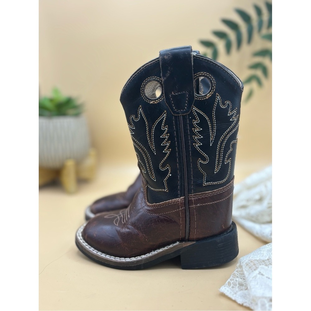 Old West Kids Cowboy Boots Size 4.5 Brown Black Leather Western Square Toe - Picture 2 of 7